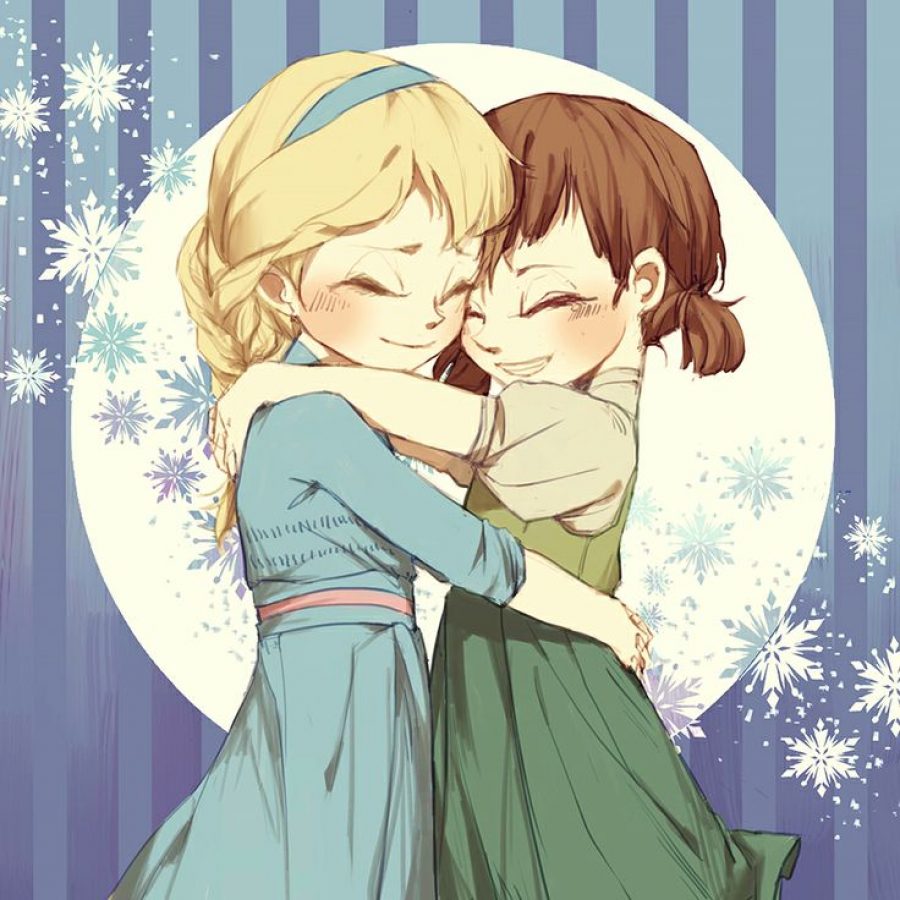 Анна и Эльза в детстве обнимаются